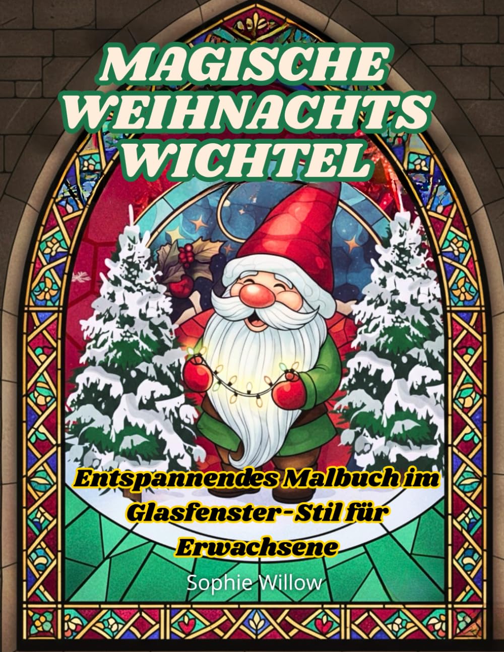 Magische Weihnachtswichtel: Entspannendes Malbuch im Glasfenster-Stil für Erwachsene