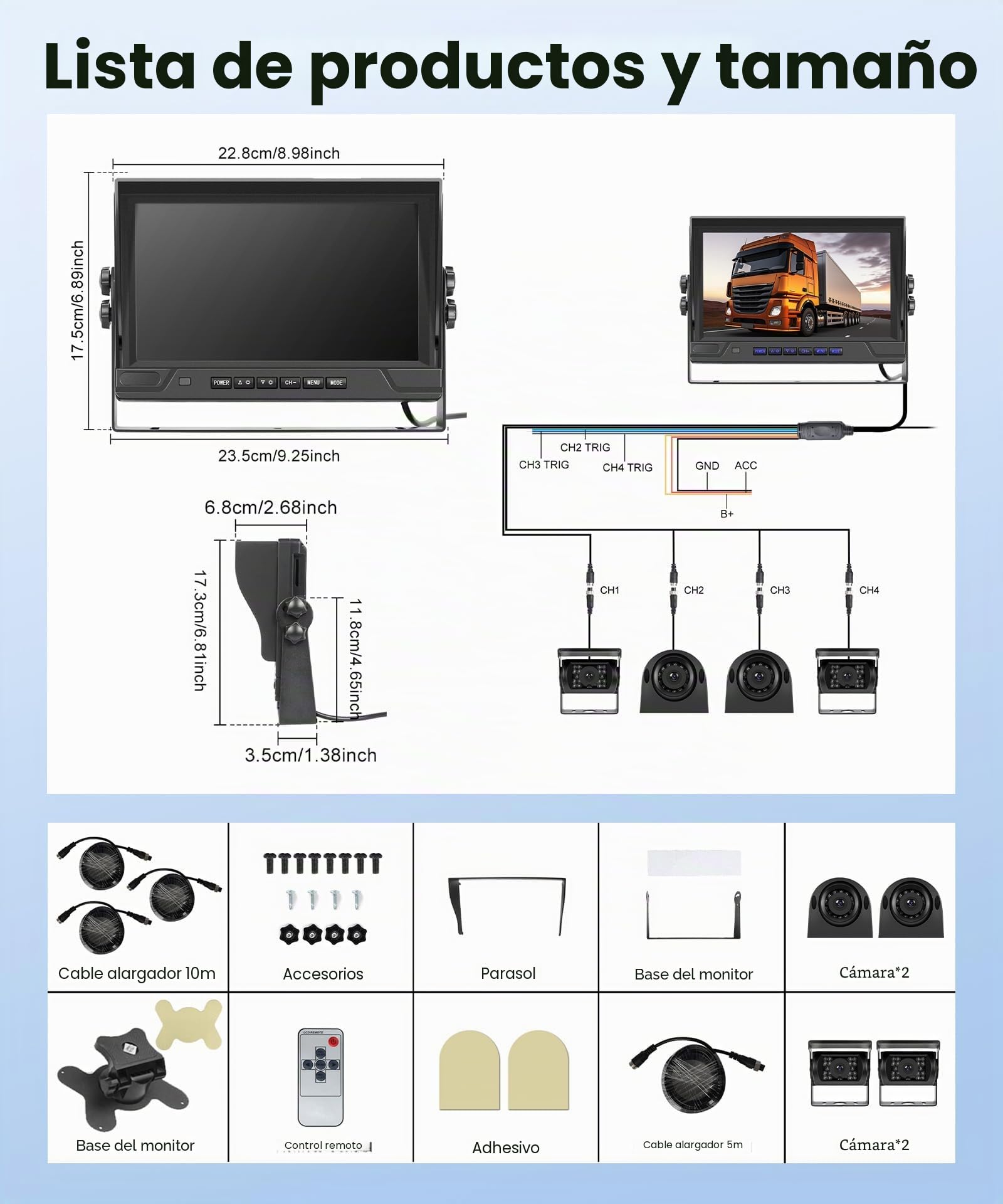 Cámara de Marcha Atrás de Coche con 4 Cámaras, 9 Pulgadas Monitor IP68 Impermeable Visión Nocturna DVR Bucle de Vídeo Camara Trasera con 35M Cable para Camión/Autobús/Furgoneta/Autocaravana/Remolque