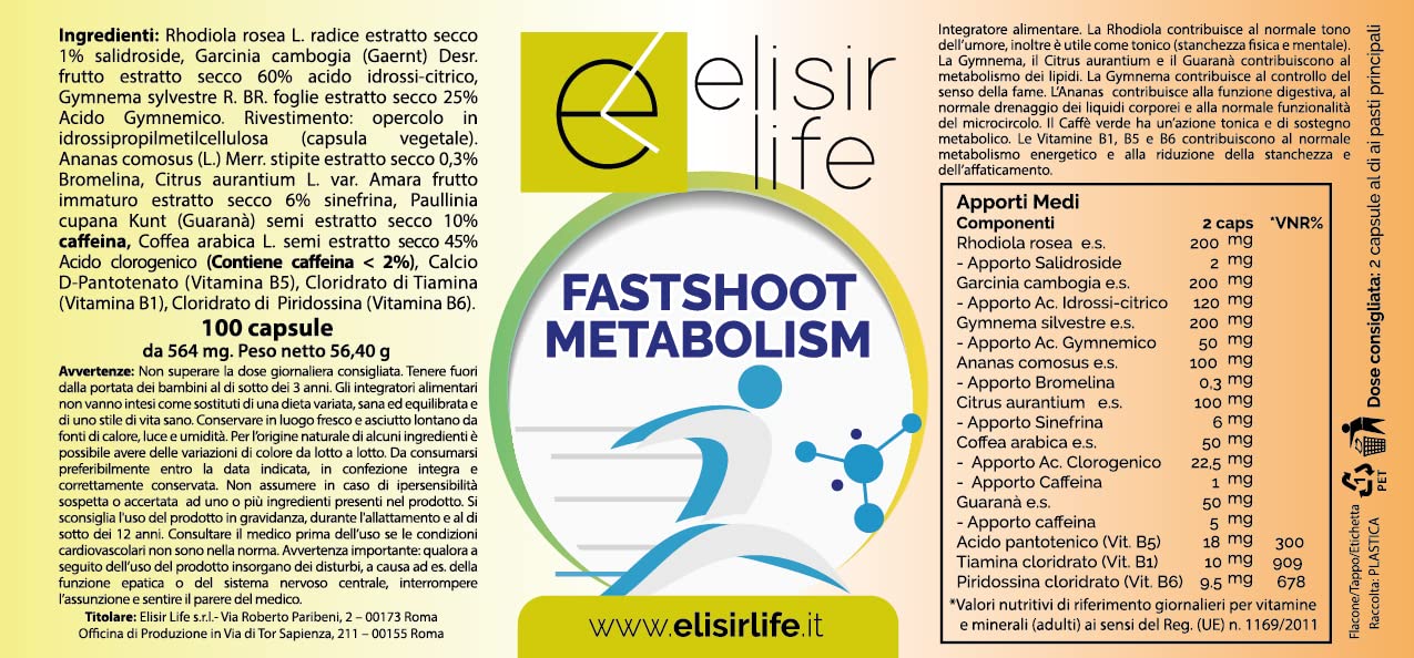 Integratore Alimentare Naturale per controllo peso, drenante e senso di fame: FASTSHOOT METABOLISM 100 capsule vegetali ELISIRLIFE