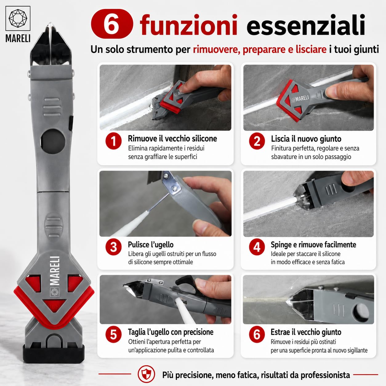 MARELI SERIE 7 - Spatola per Silicone Raschietto Togli Silicone Spatole per Silicone Calafataggio Flex Kit Silicone 7 in 1 Spatola Silicone Sigillante Professionale con Grout Remove per Bagno,Cucina