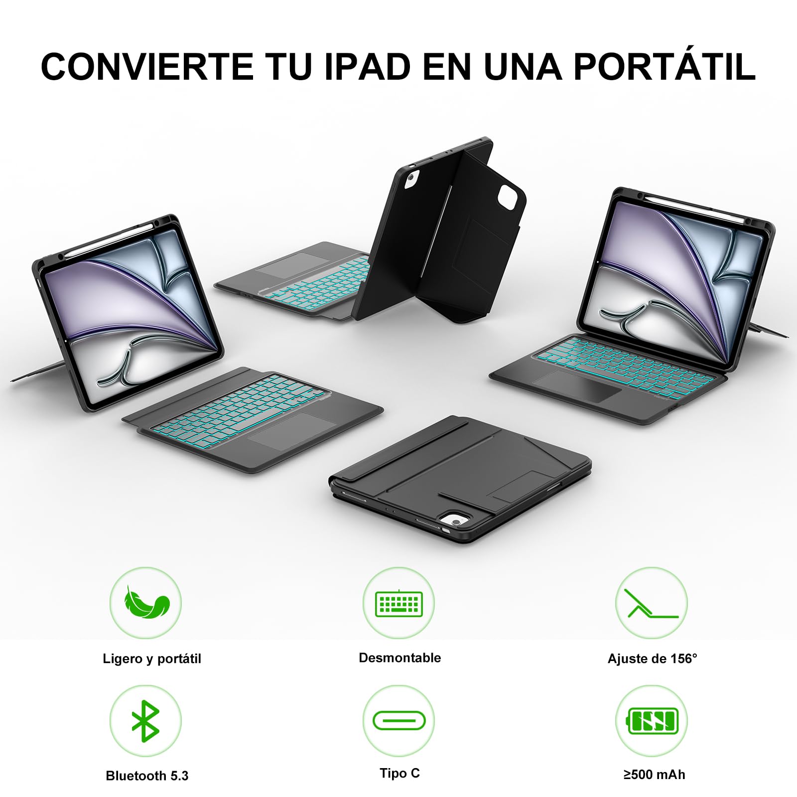 Funda Teclado para iPad Air 13 Pulgadas (M4 2026, M3 2025, M2 2024)/iPad Pro 12.9"(6.ª/5.ª/4.ª/3.ª Gen), Teclado Retroiluminado Bluetooth Desmontable con Trackpad y Soporte Ajustable Multiángulo-Negro