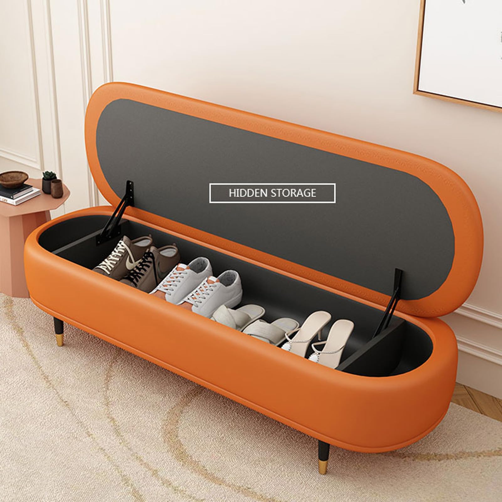 Banco de Almacenamiento Banco Dormitorio con Cojín Banco de Entrada Reposapiés Caja de Almacenamiento con Patas de Metal Banqueta Tapizado para Baño Sala de Estar