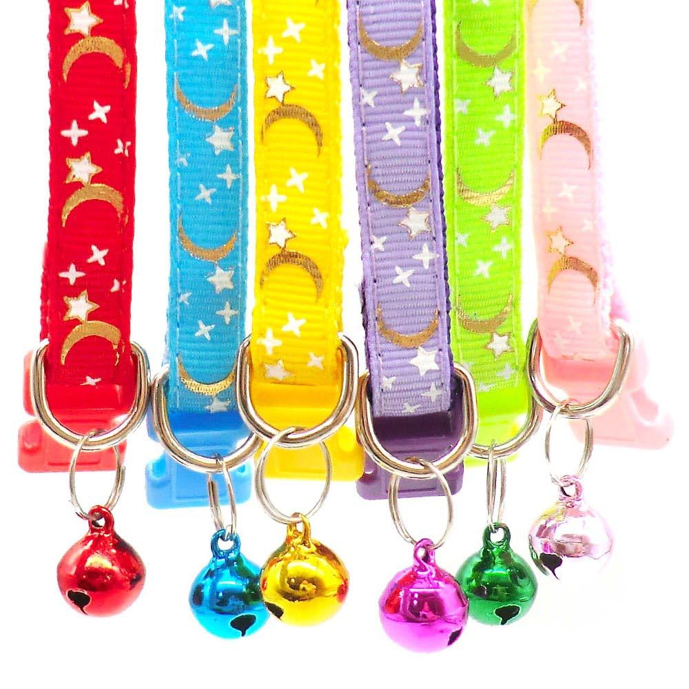 Reflektierendes Katzenhalsband, 6 Stück, abreißbar, mit Glocke, Mond, Sterne, niedliches Kätzchen, verstellbar, 19,1 - 32,5 cm, sicheres Kätzchenhalsband