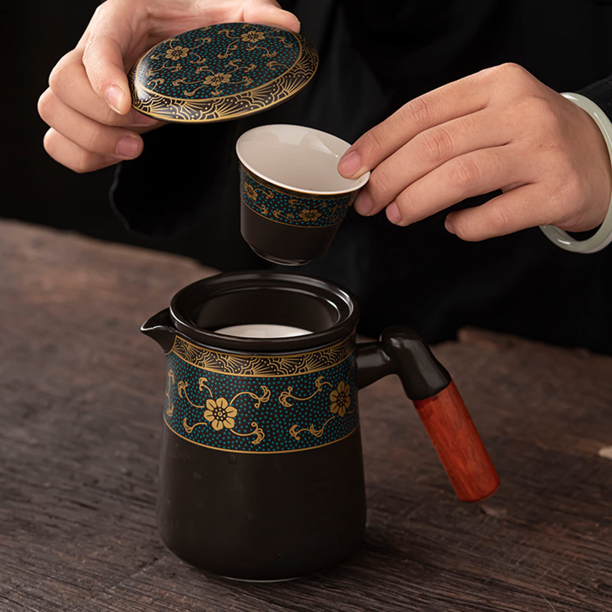 fanquare Czarny zestaw do herbaty Gongfu podróżny, chiński zestaw do herbaty kung fu ze złotym wykończeniem, porcelanowy zestaw do herbaty z przenośną torbą