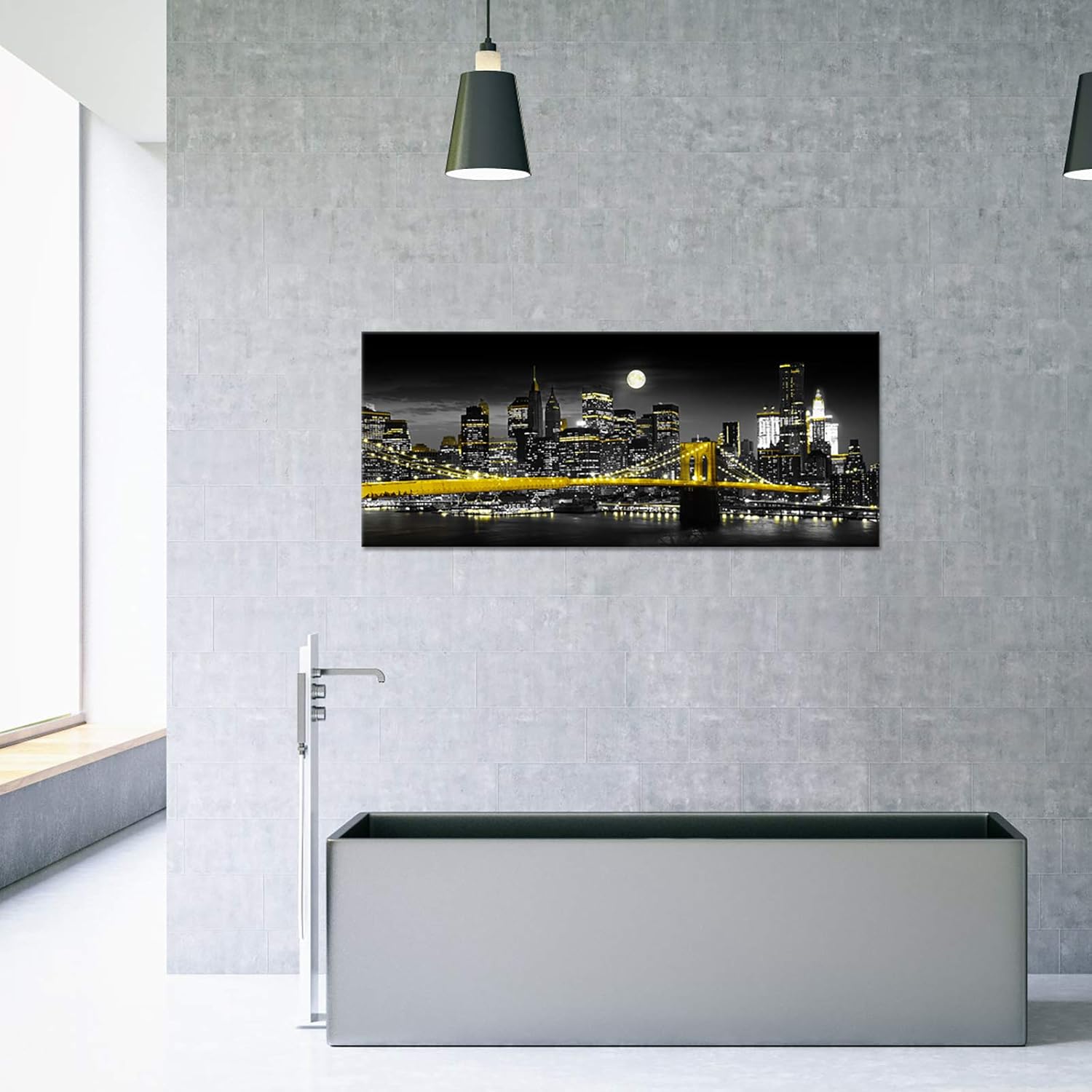 Biuteawal Black and White Yellow Canvas Print New York City Brooklyn Bridge at Moon Night Picture Photo Painting Cool Manhattan Skyline Artwork Modern Home Office Wall Decoration Ready to Hang