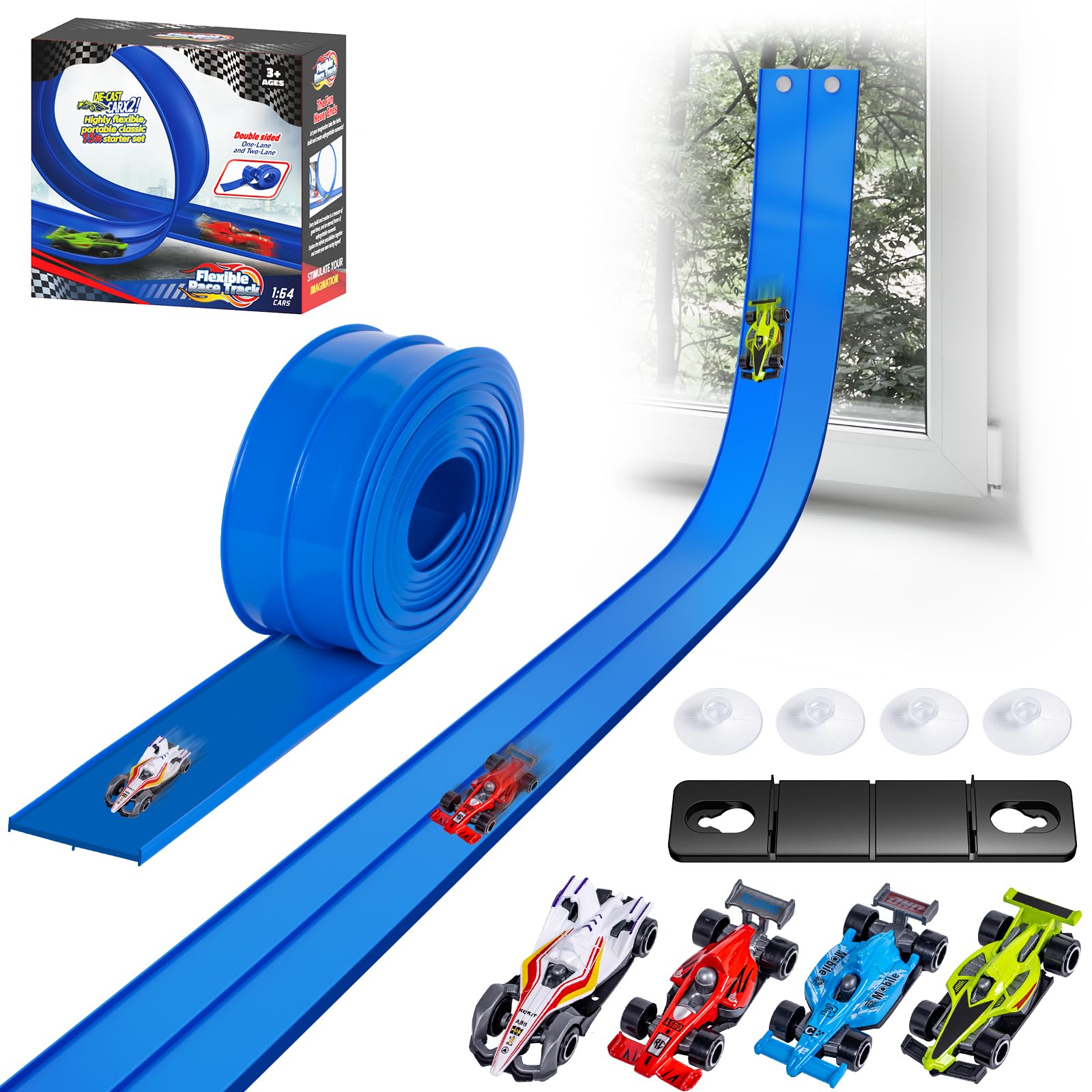 15 Ft Flexible Race Car Track for Kids, Double-Sided Racetrack for 1:64 Diecast Cars Toys, Rolls Up Portable Race Tracks with 4 Car & Suction Cups, Birthday Gifts for Boys Girls Ages 3-5 5-7, Blue