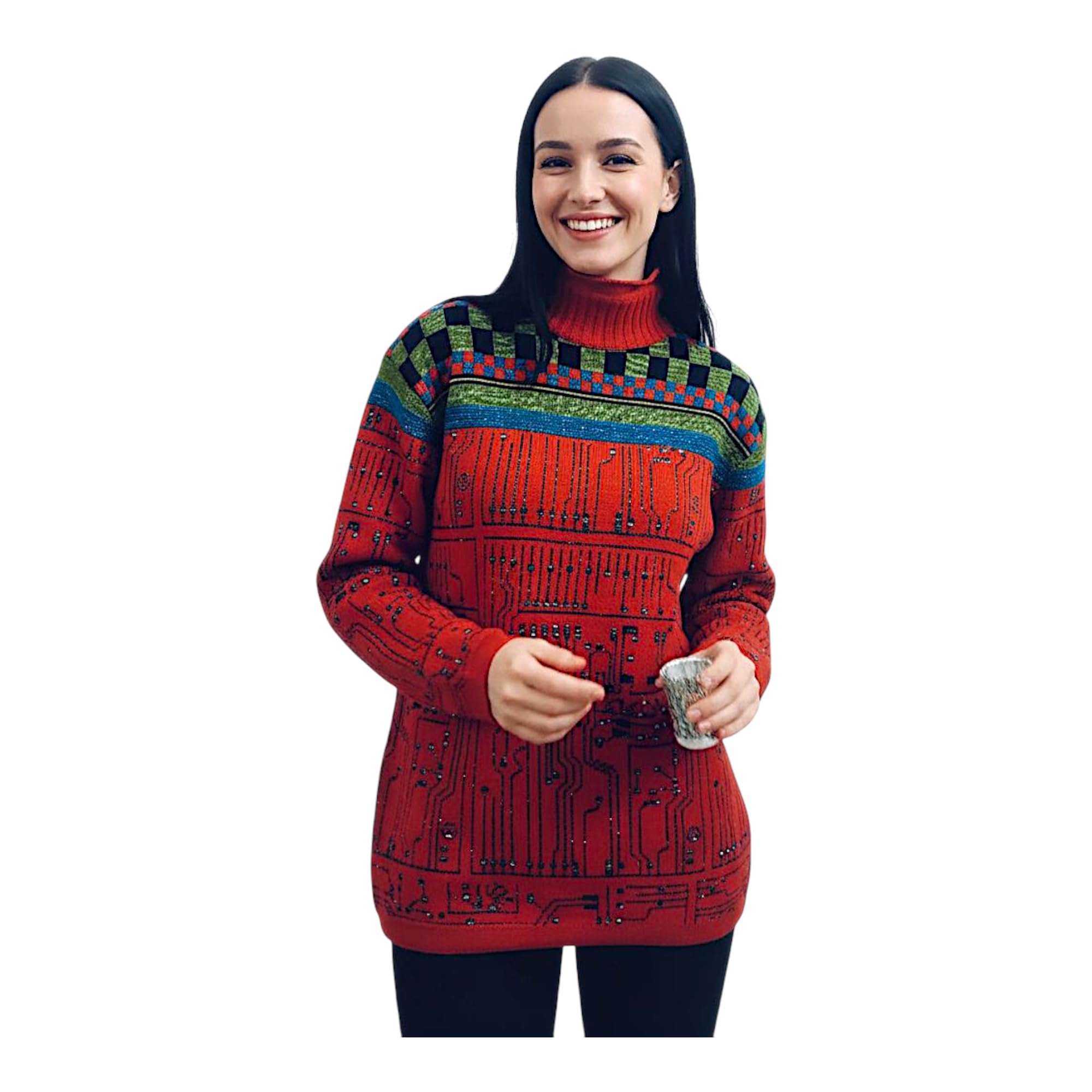 Circuit Board Print Sweater, Red Turtleneck, Multicolor Pattern, Long Sleeve Knit-picture-15