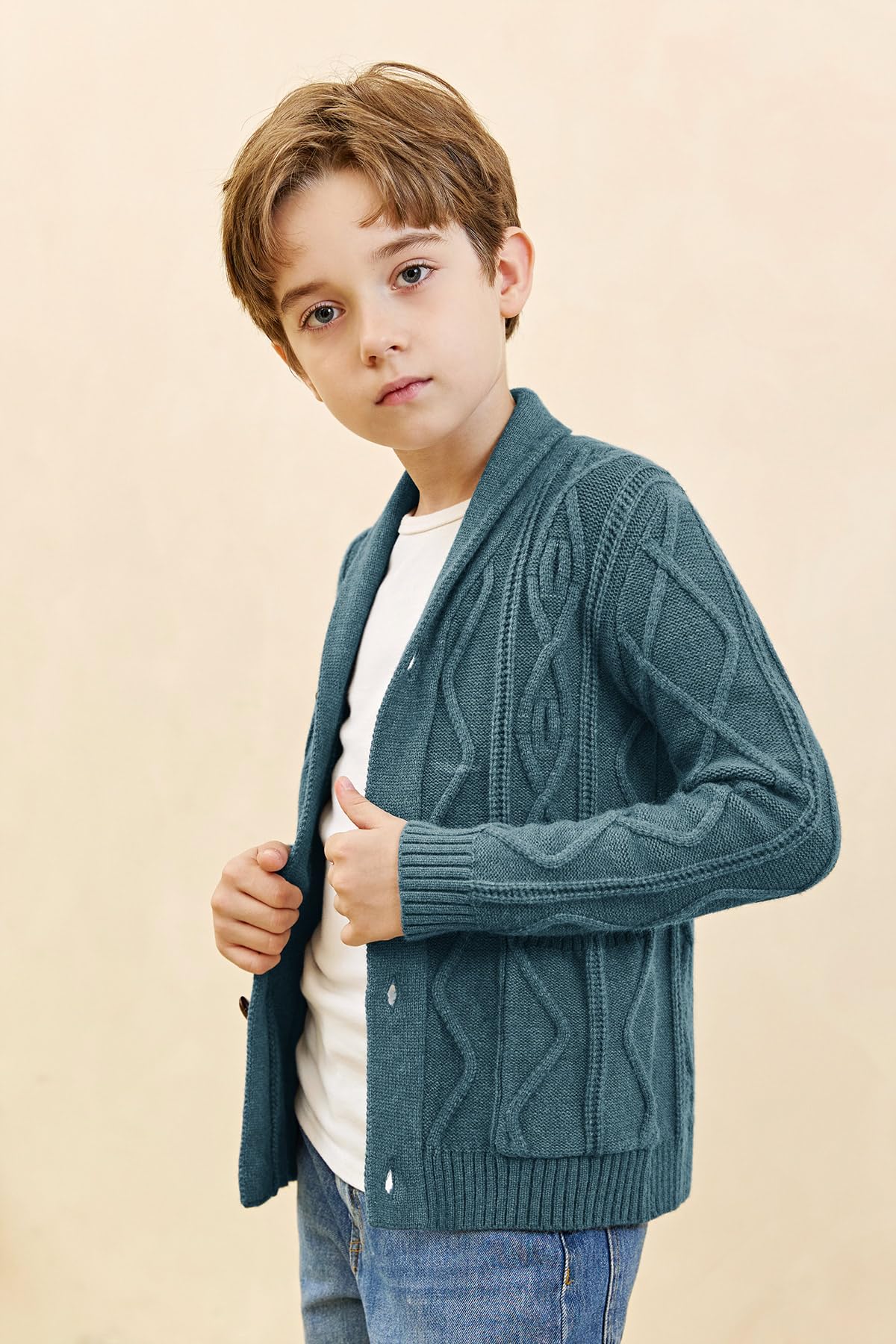 Suéter de punto trenzado para niño, con botones, cuello de chal, de manga larga, con bolsillos
