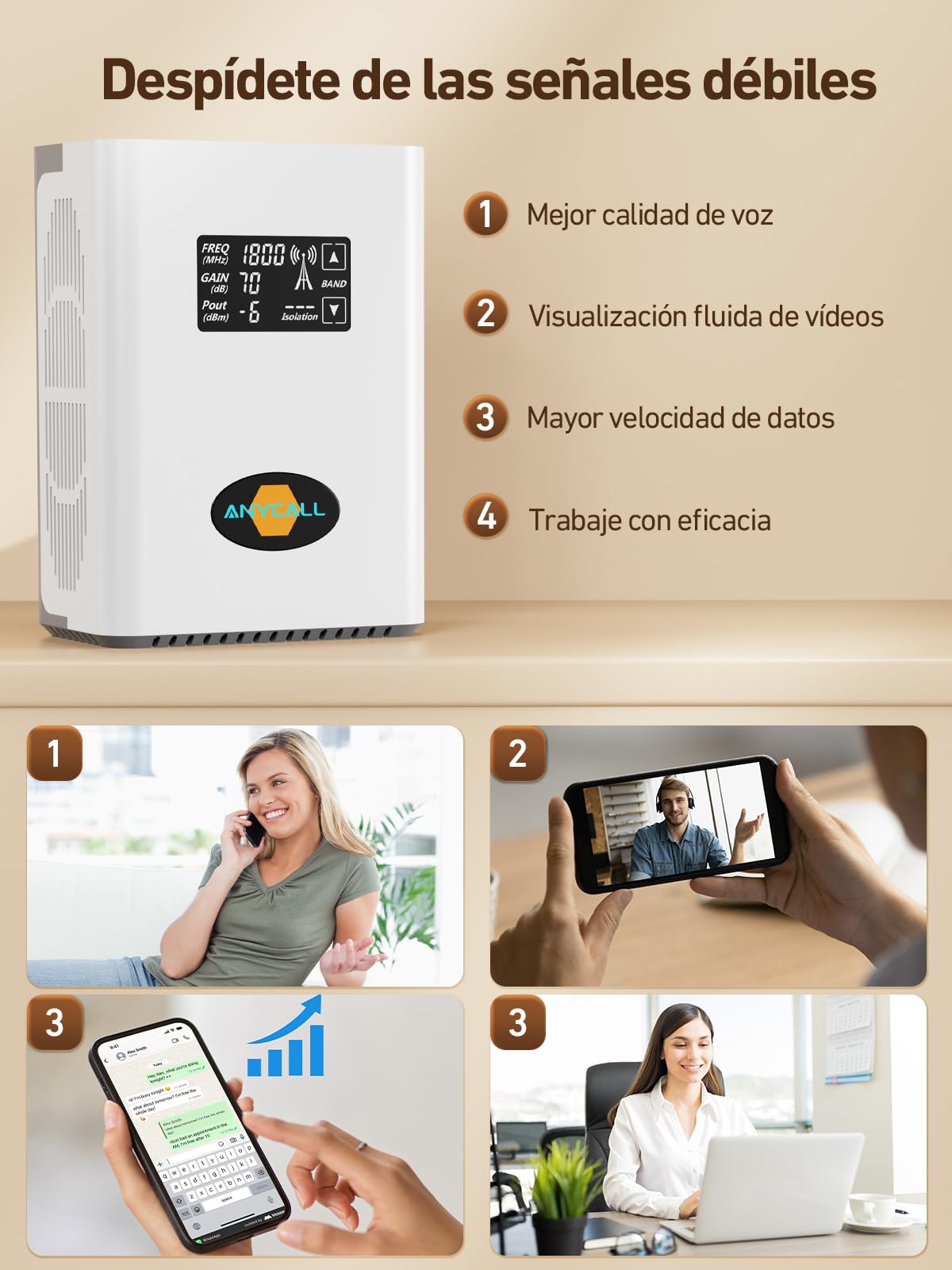 Amplificador Señal Movil para Banda 3, 7, 8 y 20, 5G 4G LTE 3G gsm Repetidor para Hogar y Oficina, Señal Movil Compatible con Orange Yoigo y más, con Antena Omnidireccional