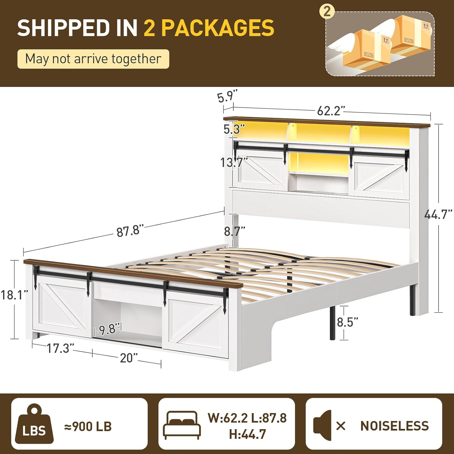 RALGEND Farmhouse Queen Size Bed Frame with Sliding Barn Door Storage, Platform Bed Frame with Storage Headboard, LED Light, Charging Station, No Box Spring Needed, White and Walnut