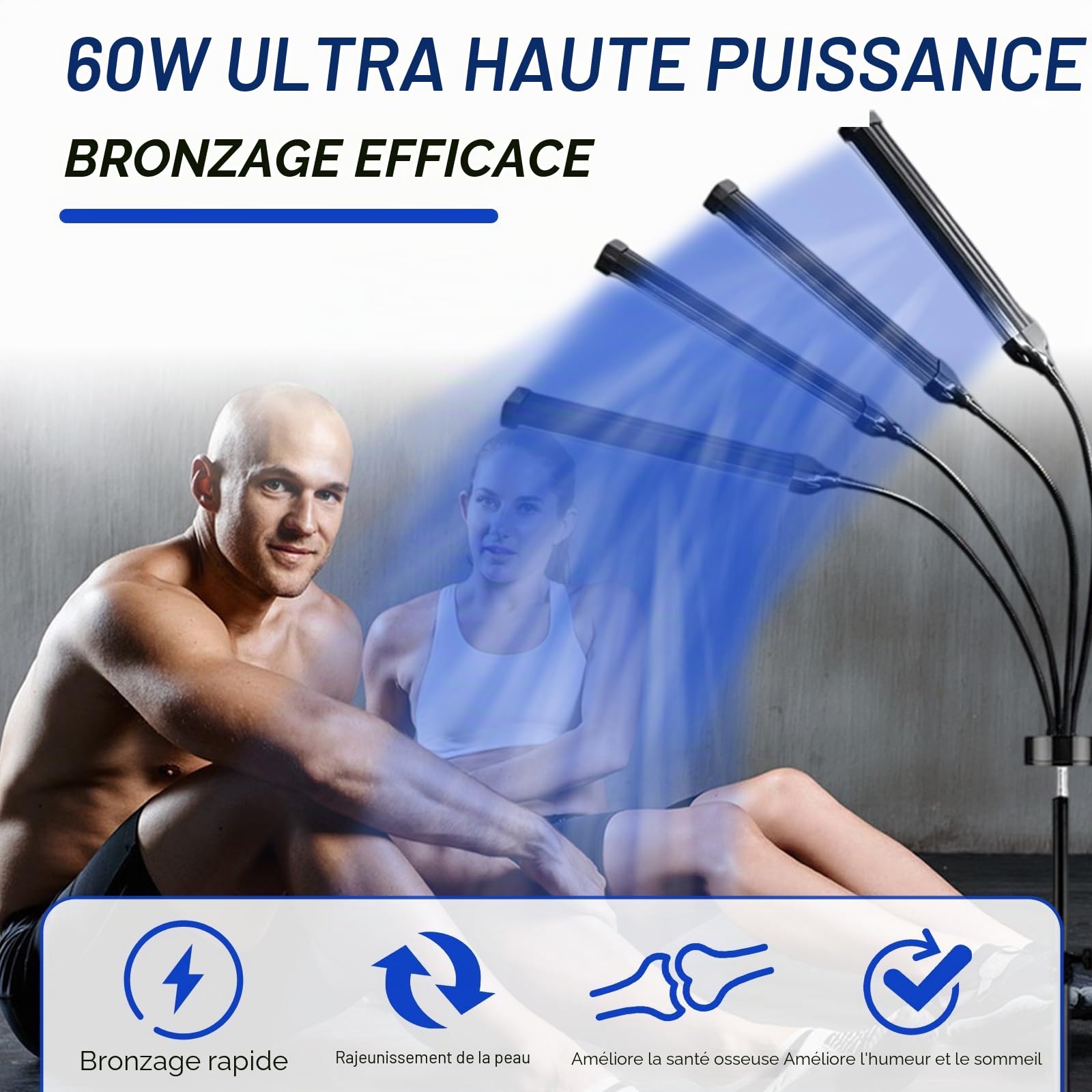Solarium pour la maison, 460 NM & 490 NM, lampe de bronzage avec lunettes de soleil, lumière bleue, 60 W, double support, pour le bronzage du visage avec 432 LED pour le corps et le visage