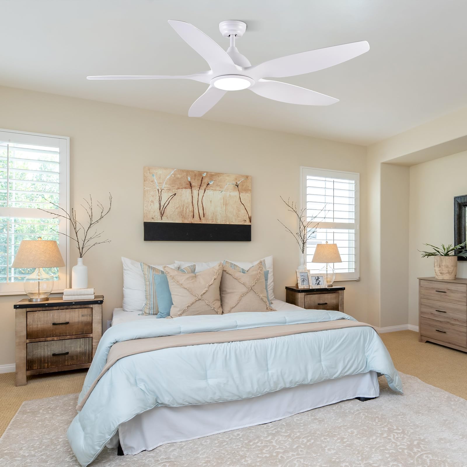 Newday Ventilateur de Plafond Blanc 153cm avec Lumiere et Télécommande Silencieux, Moteur DC Réversible, 5 Pale Minuterie Dimmer