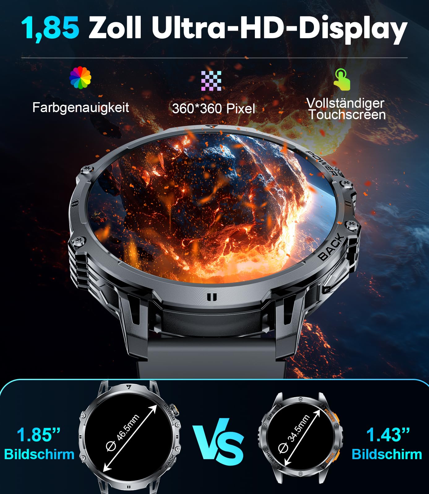 LIGE Smartwatch Męski 1000 mAh Bateria/1.85'' HD Duży Ekran z Połączeniami/100+ Tryby Sportowe, IP68 Wodoodporny Zegarek Fitness z tętnem 24/7, Monitor Uśpienia dla Android iOS