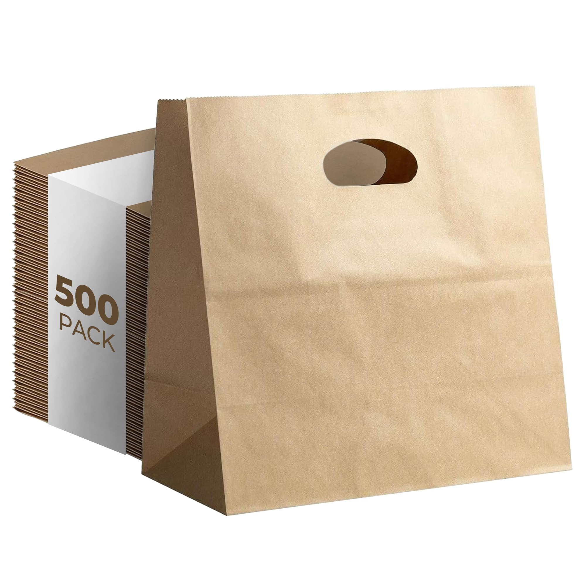 Natural Brown Kraft Paper Bags with Die Cut Handles 11" x 6" x 11" - Recyclable Shopping Tote Bag for Retail, Gifts, Restaurant Takeout, Catering,