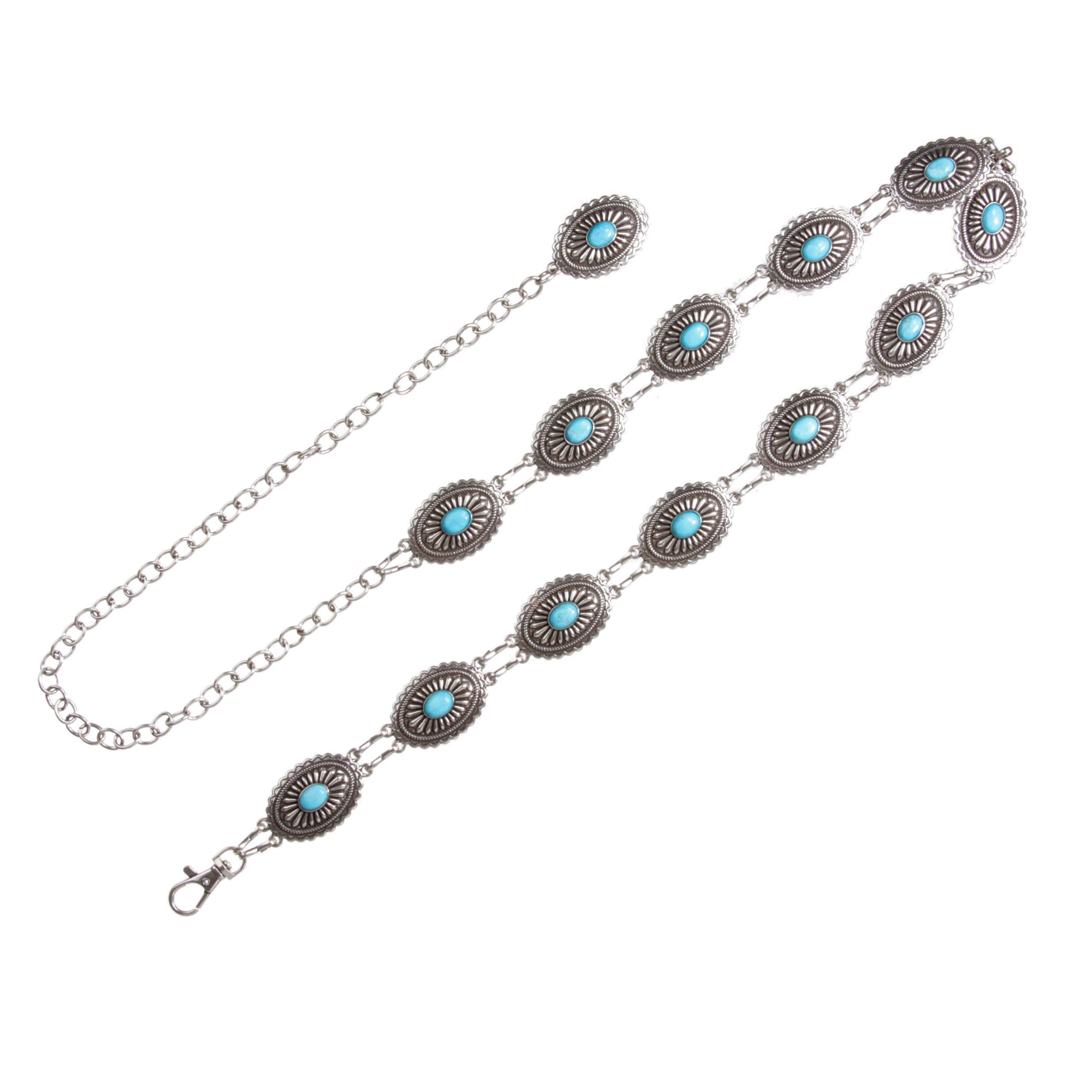 Women's Western Oval Turquoise Stone Concho Skinny Chain Belt, Silver | One Size