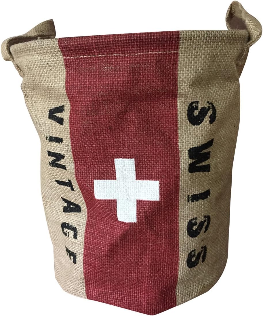 Coralpearl Burlap Woven Storage Basket Collapsible Vintage, Round Jute Toy Bucket Organizer with Handles, Small Linen Patriotic Decor Bin for Shelf Table Desk Top, 9.5" D. X 12" H (Swiss Flag)