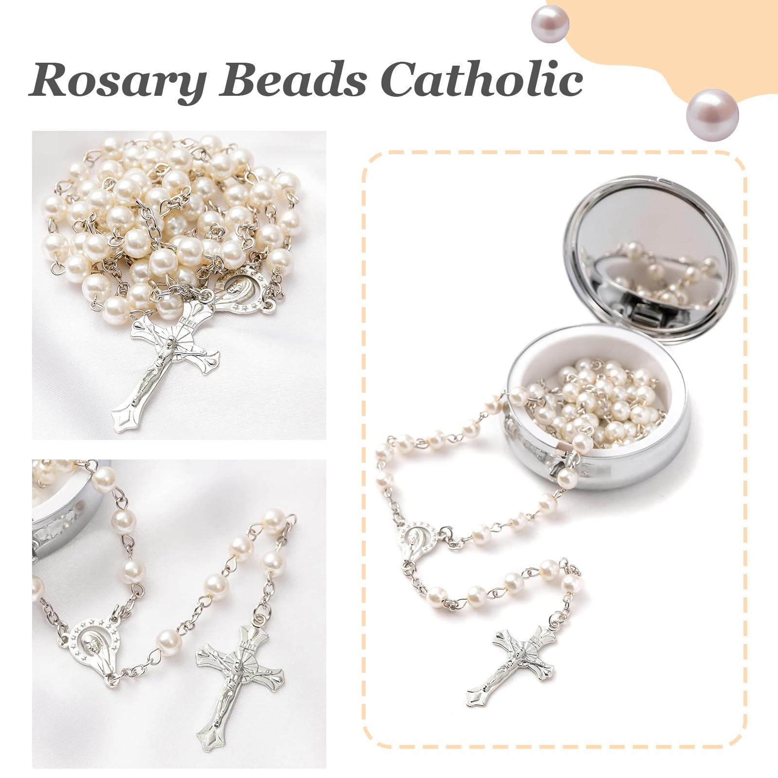 Rosario cattolico collana perle finte bianche 35,5 cm