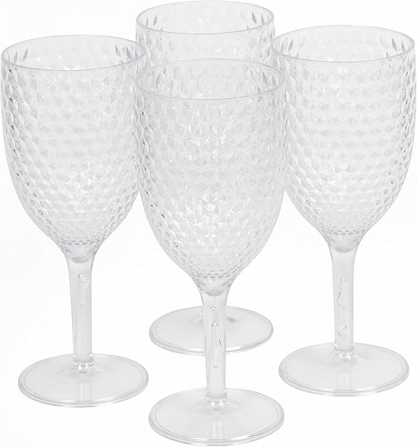 Cambridge CM07655EU7 Fete Wine Glasses Diamond Design, 4 Piece Set, Quick and Easy to Clean, Versatile, BPA Free Plastic Cups, Perfect for Outdoor Use, Parties, Holiday Homes & Camping, White