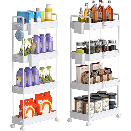 SOLEJAZZ Rolling Storage Cart, 4 Tier Laundry Room Organizer Bathroom Storage Carts, Mobile Storage Shelves with Brake Wheels, Utility Cart for Apartment Bedroom Office Garage, Kitchen, White, 2 Pack