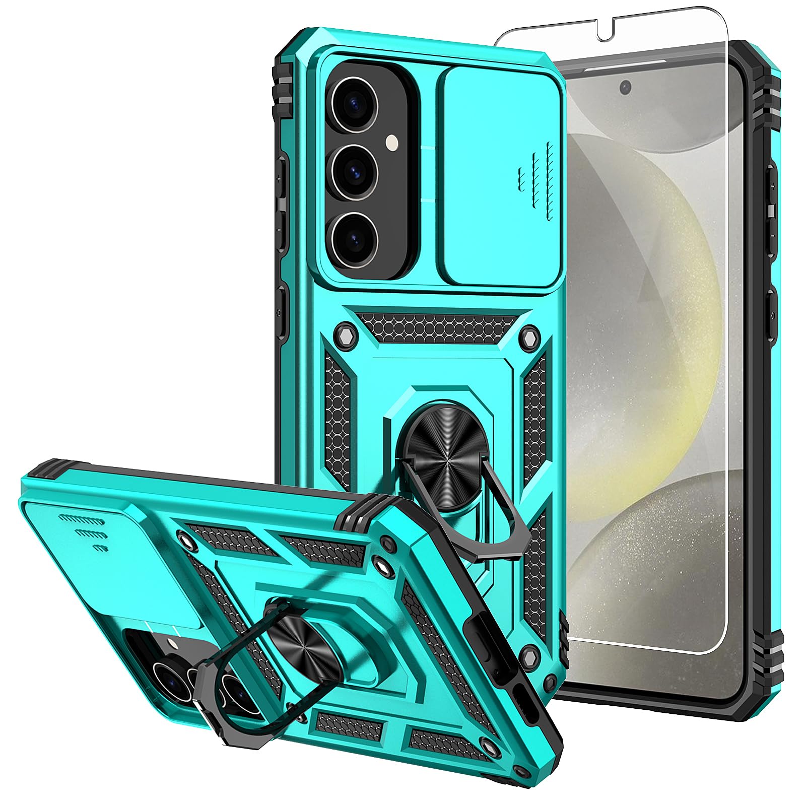 SKMY for Samsung S24 FE Case,with Screen Protectors and Camera Cover,[Military Grade] 16ft.Drop Tested Cover with Magnetic Kickstand Protective Case