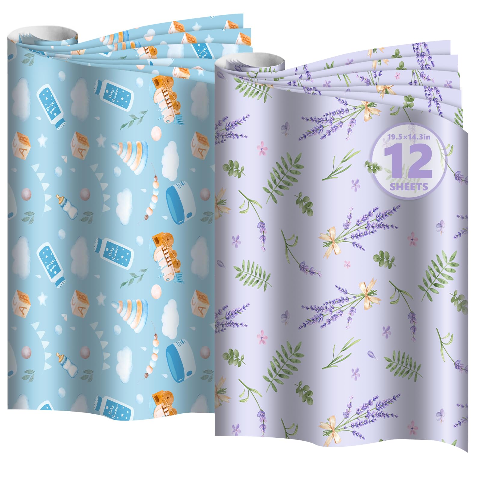 DERDUFT Scented Drawer Liner Paper - Lavender & Baby Powder Scented Sheets for Drawers and Wardrobes - 12 Mixed Decorative Sheets 36.5x50cm / 14.3x19.5in for Bedroom Dresser Closet Storage Box