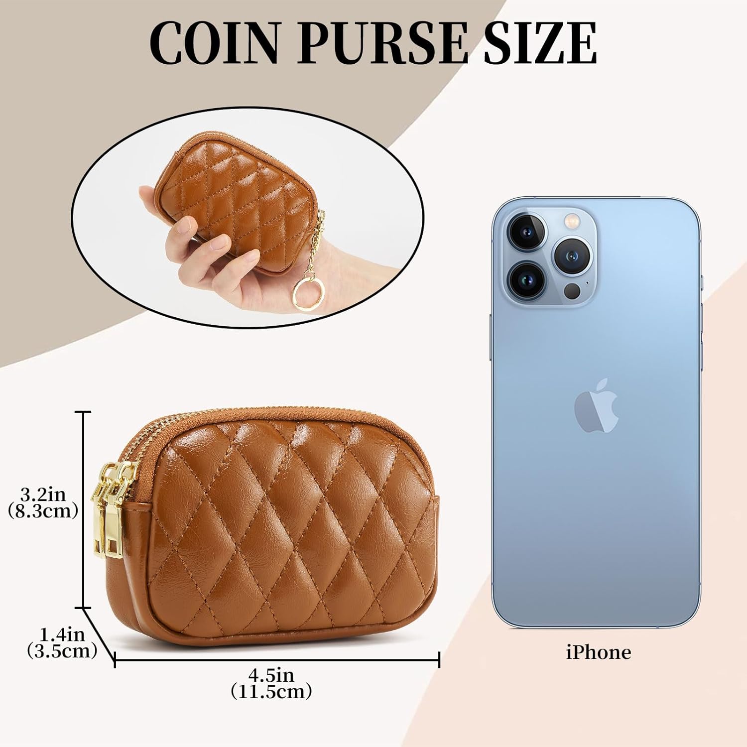 WOZEAH Leather Coin Purse for Women Small 2 Zipper Change Wallet with Key Ring Card Key Coin Cash Holder Pouch(Quilted Brown) - Image 4