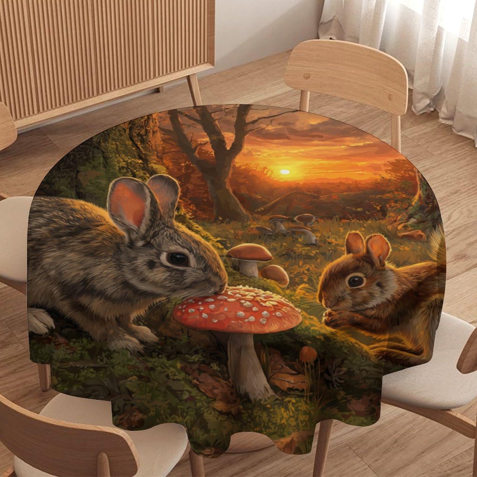 LUYYSKY Retro Realistic Squirrels Rabbits Round Tablecloth Classic Oil Painting Sunset Maple Leaves Mushrooms Animals Print Washable Decor for Table Cover for Kitchen-177.8" Wx177.8 L cm
