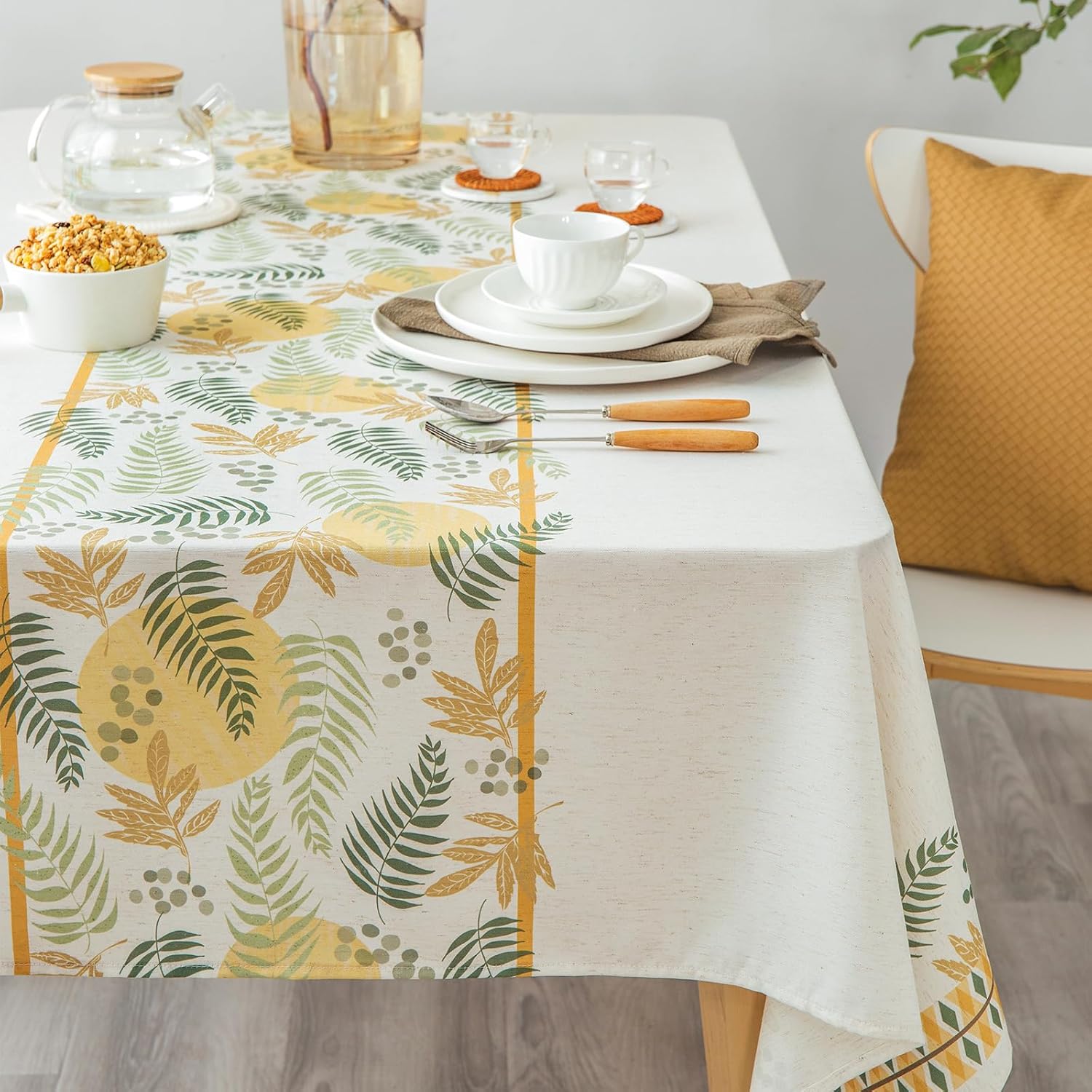 GLORY SEASON Rustic Tablecloth Classic Forest Green Plant Leaf Printed Linen Fabric Table Cover Farmhouse Decoration 55x120 Inches Rectangle/Oblong Ivory/OliveGreen for Kitchen Dining