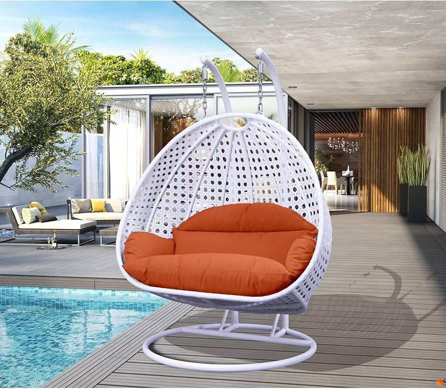 Image of Double Seater Hammock Swing Chair with Stand & Cushion | Heavy Duty Powder Coated Steel Frame | Outdoor Indoor Hanging Swing for Patio Balcony Garden Terrace Living Room (White-Orange)