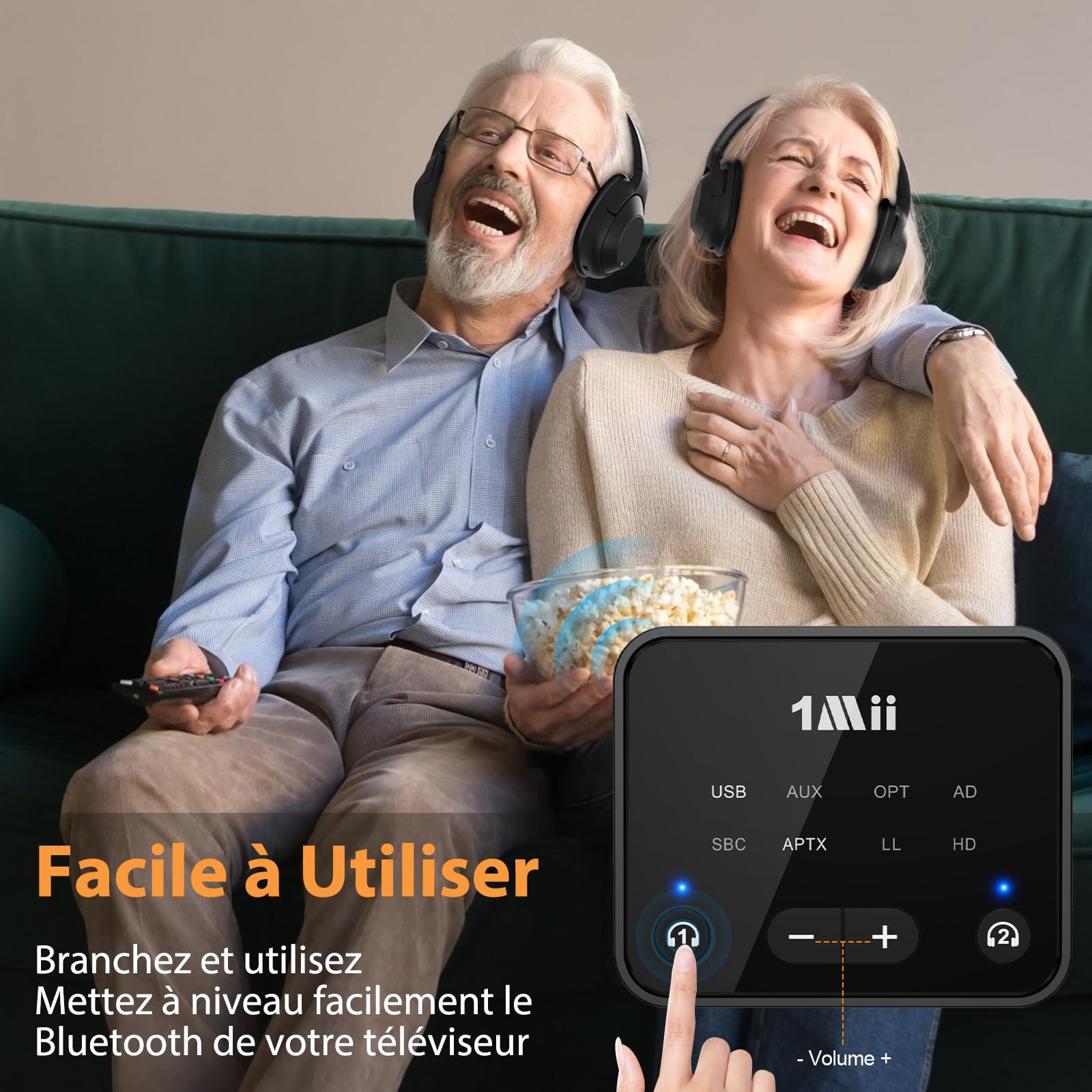 1Mii B06T6 Émetteur Bluetooth 5.3 pour TV vers 2 Casques sans Fil, aptX Adaptive & Faible Latence, Transmetteur Adaptateur Bluetooth, Double Connexion, Contrôle du Volume, Optique/USB/AUX/RCA