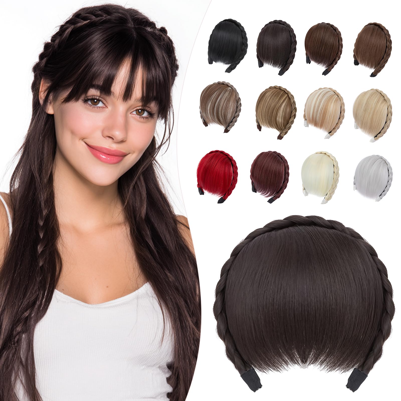 Elailite Frangia Capelli in Cerchietto a Trecce Castano Scuro, Frangetta Frontale Voluminoso 55g Extension Hair Bang Fringe Hairpiece Posticci Donna