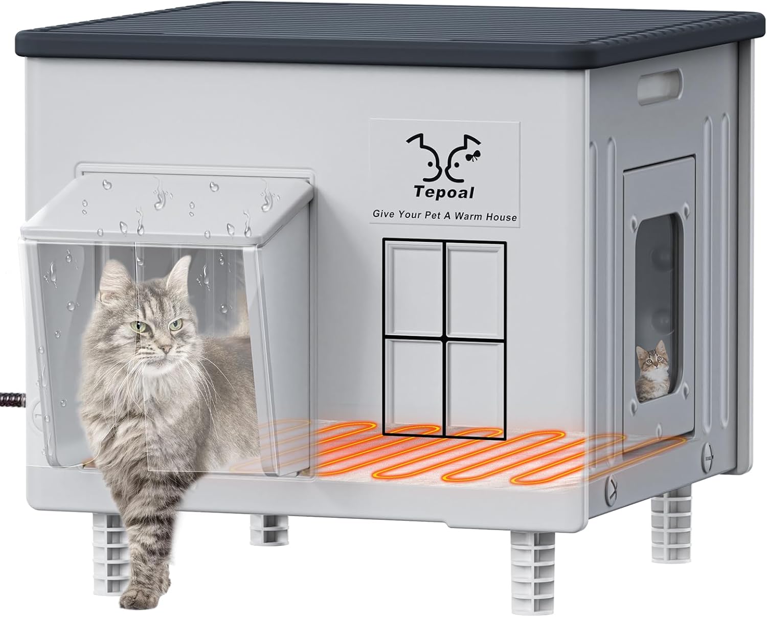 Indestructible Heated Cat House for Outside - Extremely Waterproof & Weatherproof Heated Outdoor Cat House with Escape Door for Winter, Insulated Feral Cat Shelter for Barns Strays, 17.7x15x17.5 in Grey - 17.7x15x17.5 In