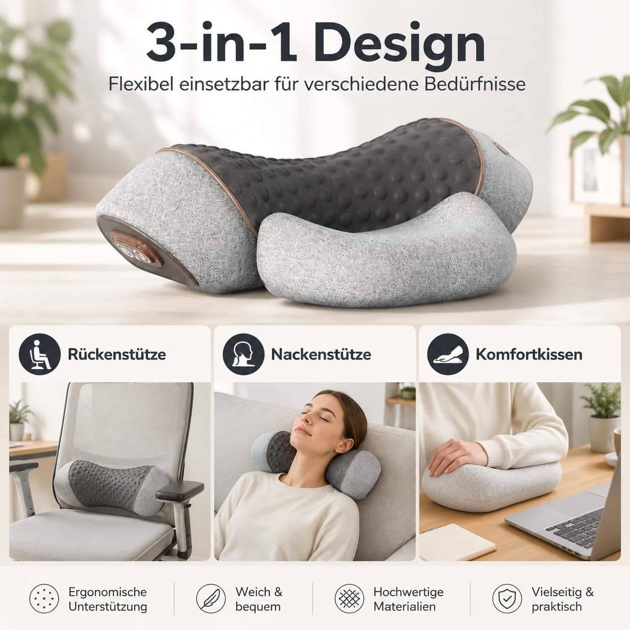 Triple Fusion Massagegerät, 3 in 1 Massagekissen mit Traktion & Vibration, Memory-Foam Nackenstützkissen für Nacken, Schultern & Rücken，Dunkelgrau