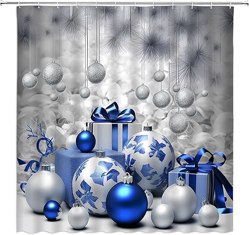 Cortina de ducha de Navidad, bolas azules plateadas, estrellas, fantasía, vacaciones de invierno, feliz año nuevo, cortina de decoración de baño con