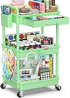 Vista 14 de Carritos de almacenamiento rodantes de 3 niveles con cajones extraíbles, ruedas con bloqueo, ganchos y portavasos - Organizador de almacenamiento