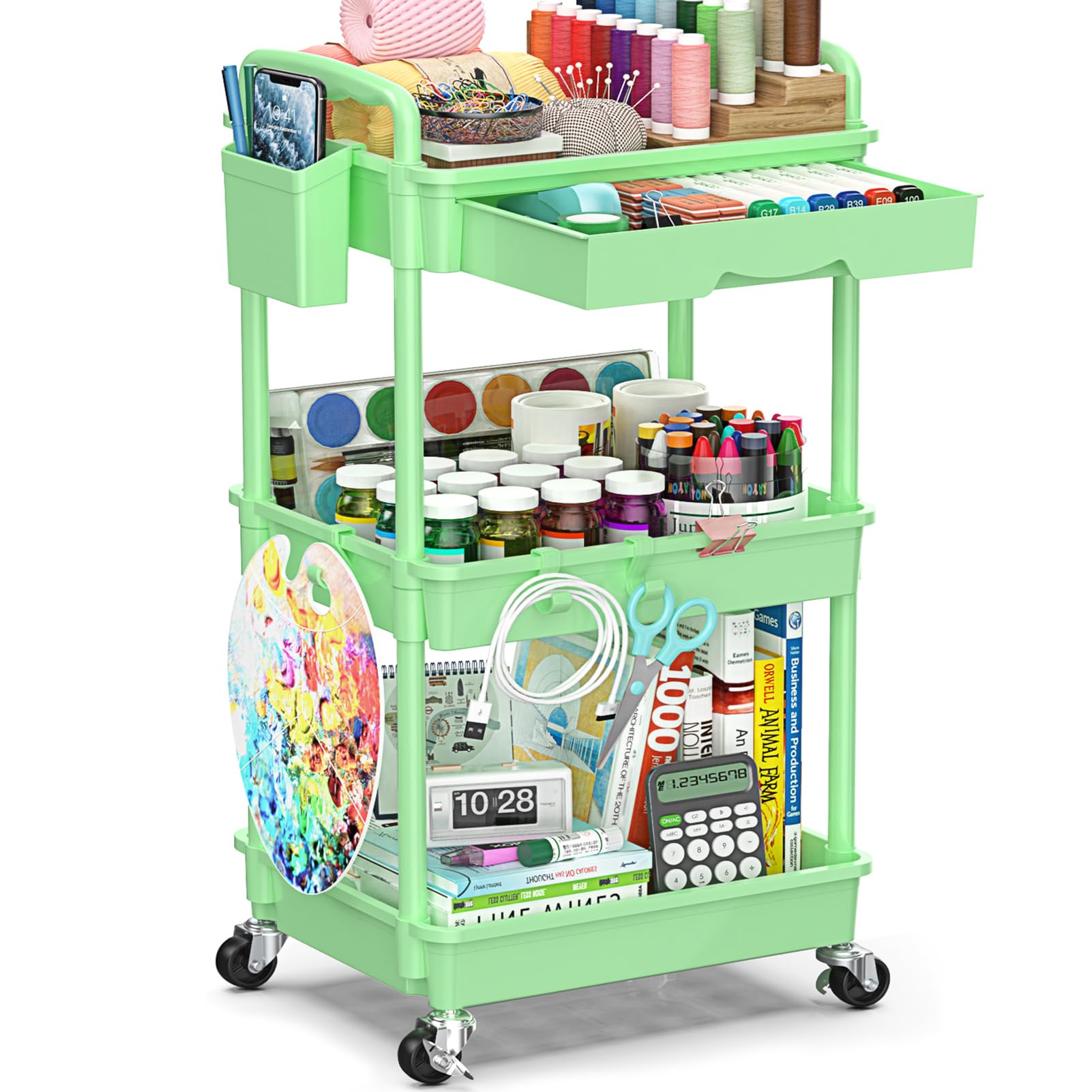 3-Tier Rolling Cart with Drawer & Lockable Wheels, Bathroom Storage Organizer Multifunctional Rolling Storage Cart for Bathroom, Kitchen, Office, Craft, Makeup, Baby Essentials, Green