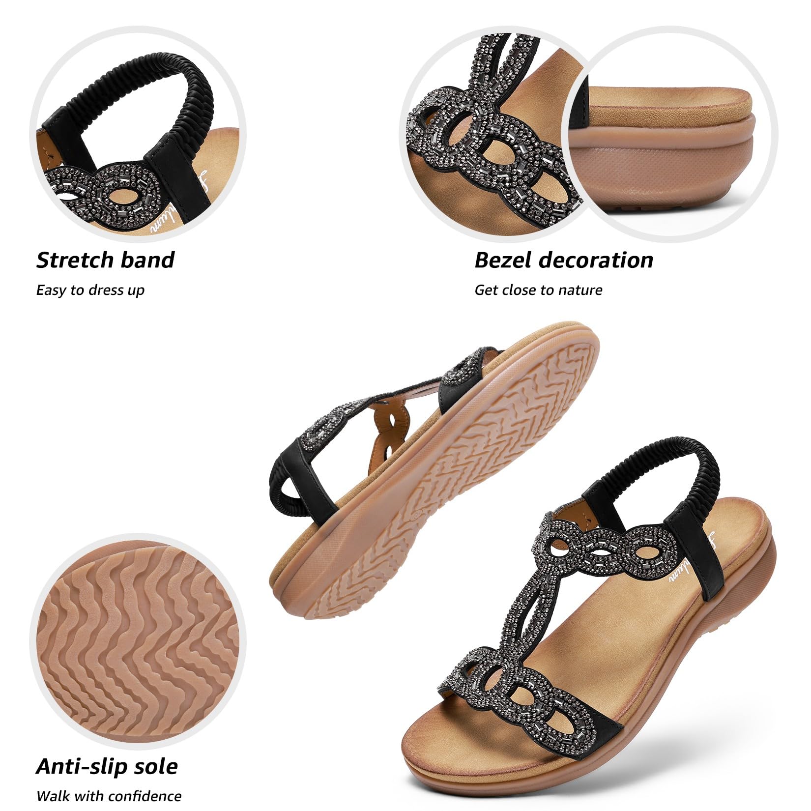 Sandalen Damen Flach Sandaletten Glitzer Strass Sommerschuhe Strandschuhe