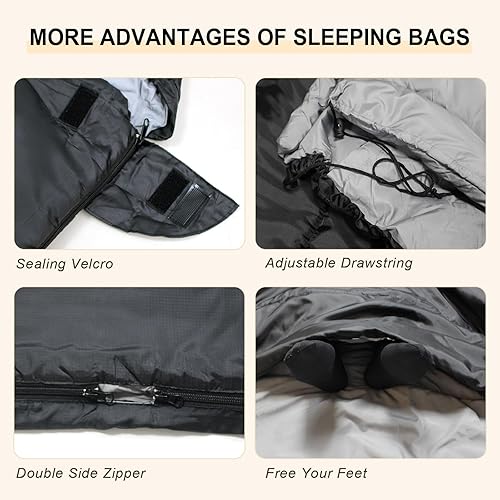 Miniatura 5 de Saco de dormir doble de franela para adultos con 2 almohadas, sacos de dormir para 2 personas, camping, XXL, tamaño Queen, saco de dormir para dos