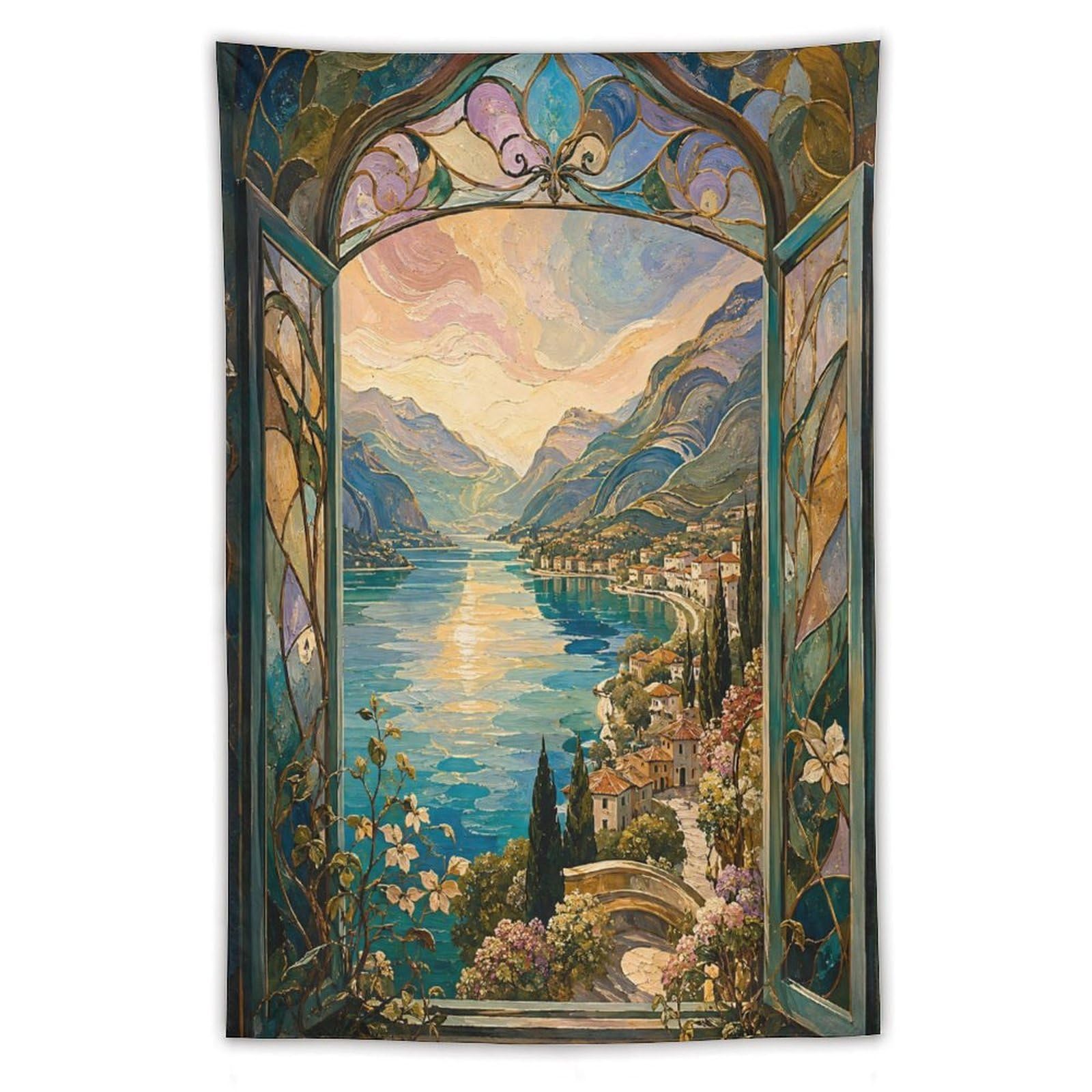 W7C8U2X3 Stained Glass Lake Window Wall Tapestry, Mosaic, Colorful Mosaic