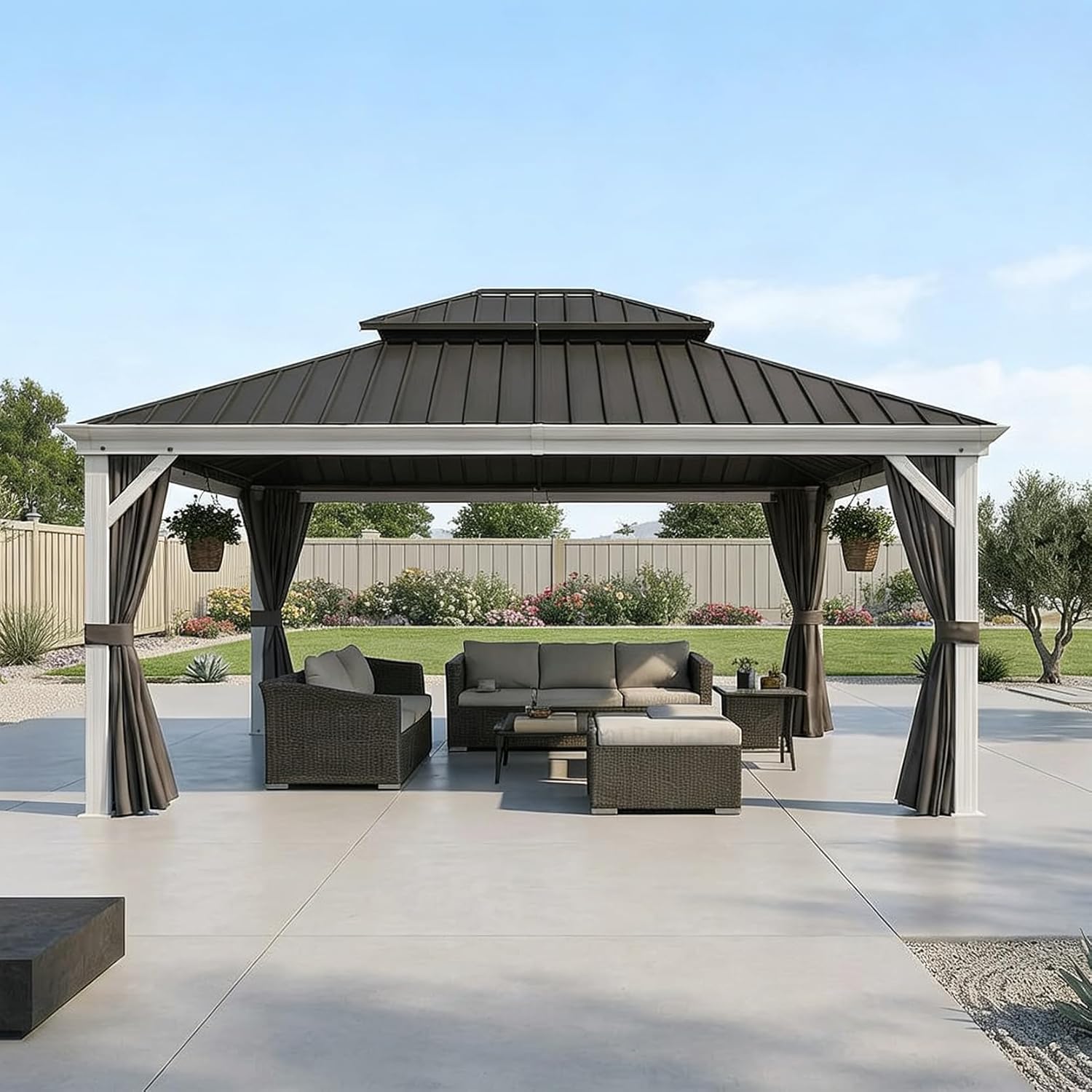 PURPLE LEAF 13' X 15' Hardtop Gazebo with Double Galvanized Steel Roof Awning and Upgrade Curtain for Patio Lawn and Garden, Grey