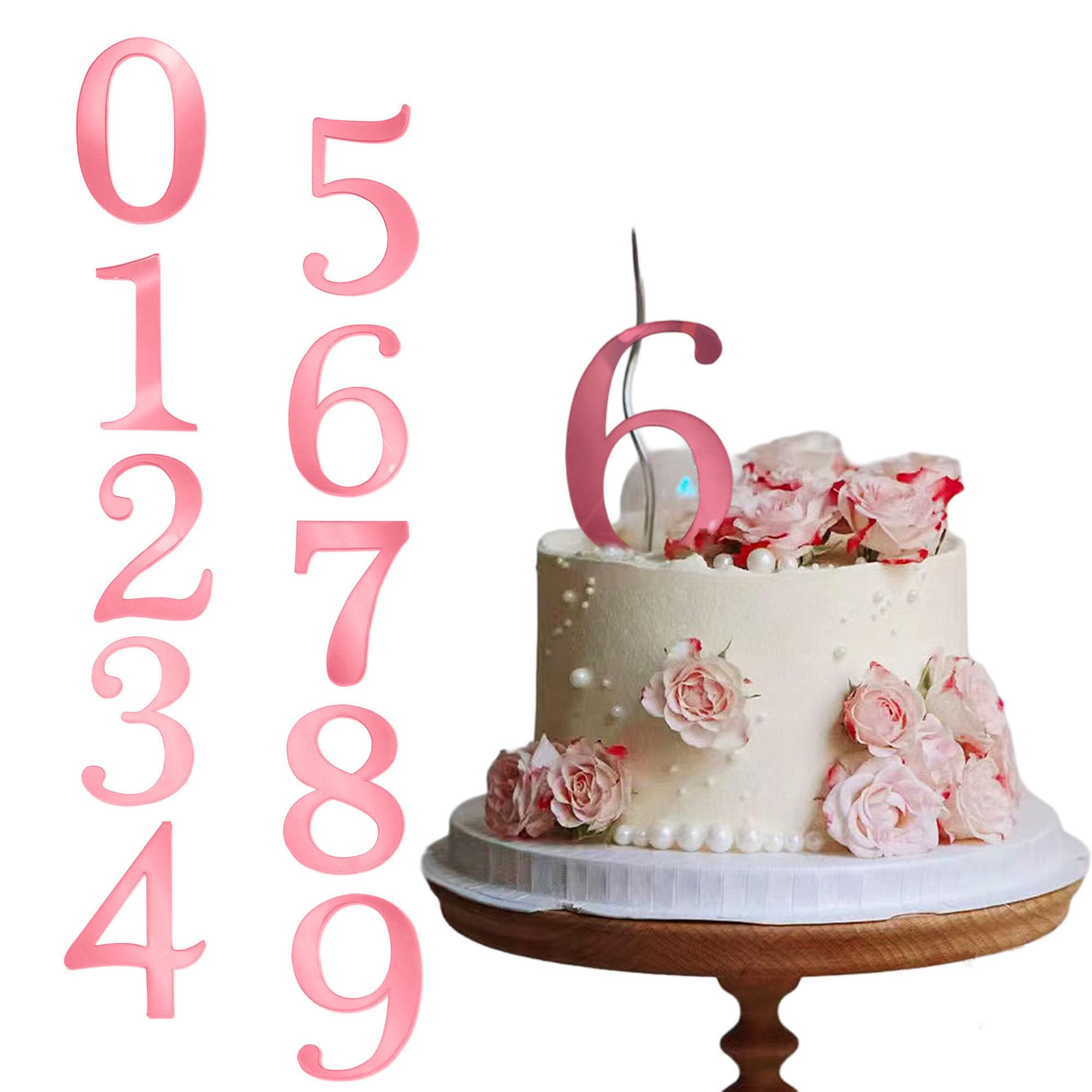 Big 3.7 IN 0-9 Pink Birthday Number Cake Toppers Rose Acrylic Happy Anniversary Cake Topper Sticks For Diy Handmade Cake Sign Decorations 10 Pcs