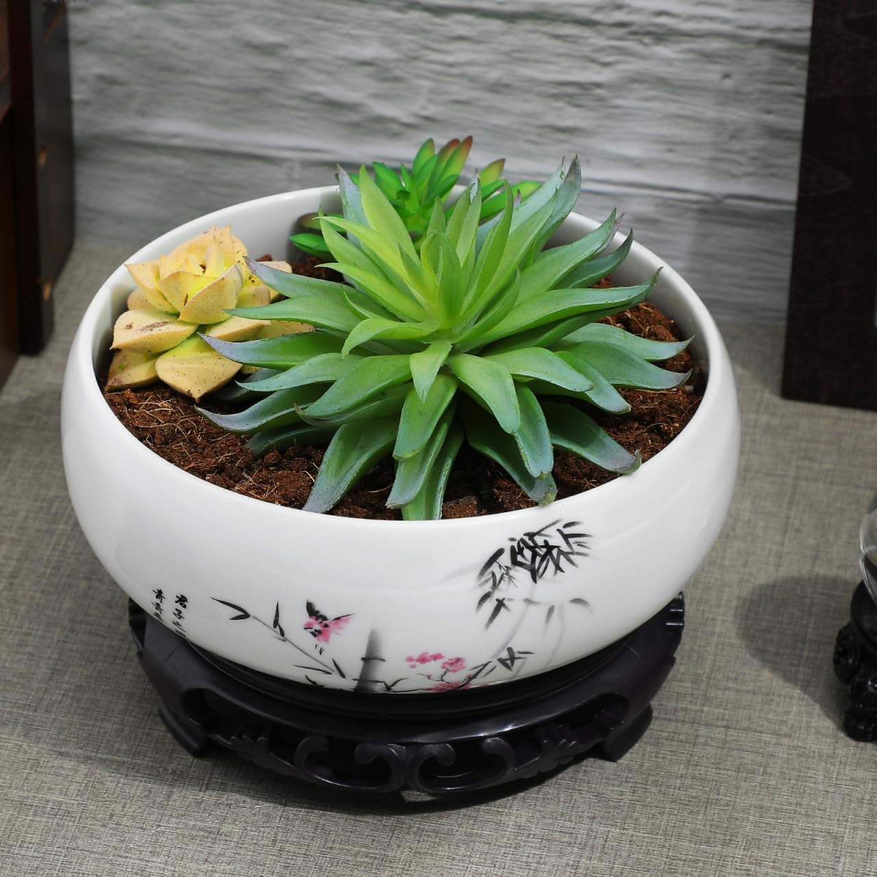 Homoyoyo 6.8 Inch White Porcelain Flower Bowl Hydroponic Ceramic Plant Pot Chinese Style Decorative Planter Flower Pot for Succulent Garden Home Patio Garden Office Indoor Outdoor Gray