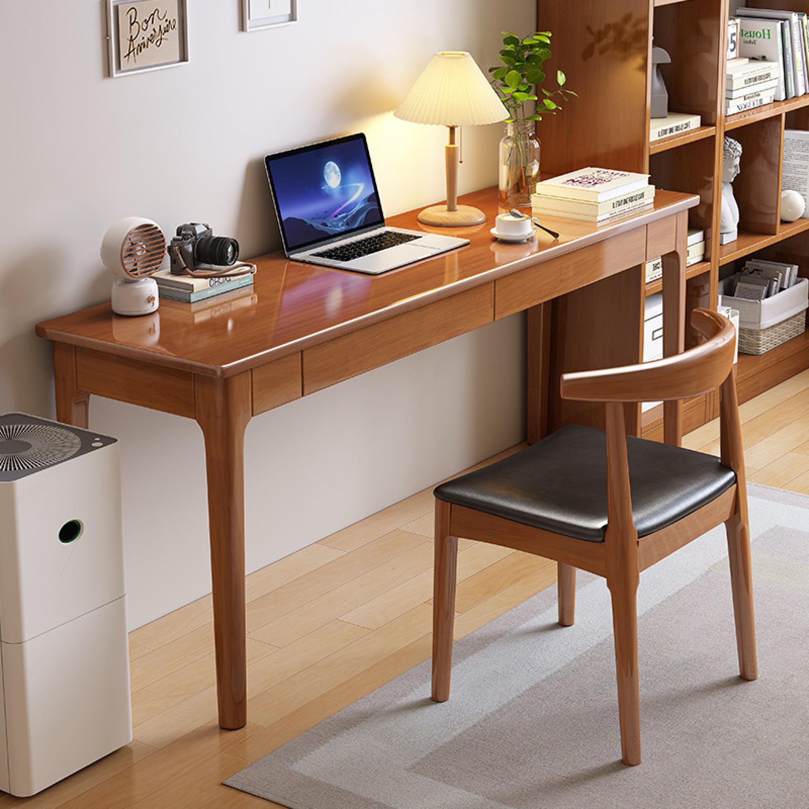 Escritorio de Madera de Roble 100% Macizo con Cajones de Almacenamiento, Diseño Moderno de Mediados de Siglo, Mesa de Estudio para Oficina en Casa, Dormitorio o Sala de Estar, 47 Pulgadas