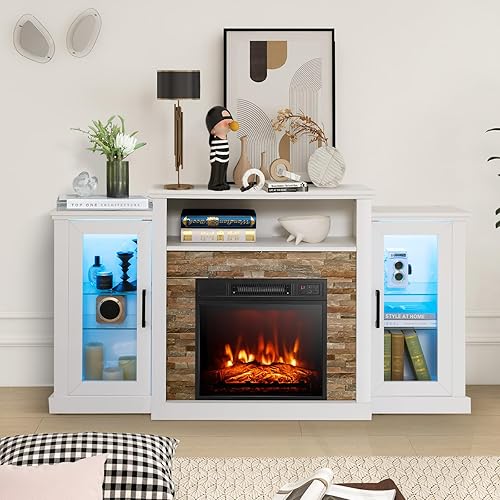 Miniatura 6 de Tangkula Soporte de TV para chimenea eléctrica, chimenea eléctrica con luces LED de 16 colores, estantes de vidrio ajustables, control remoto y