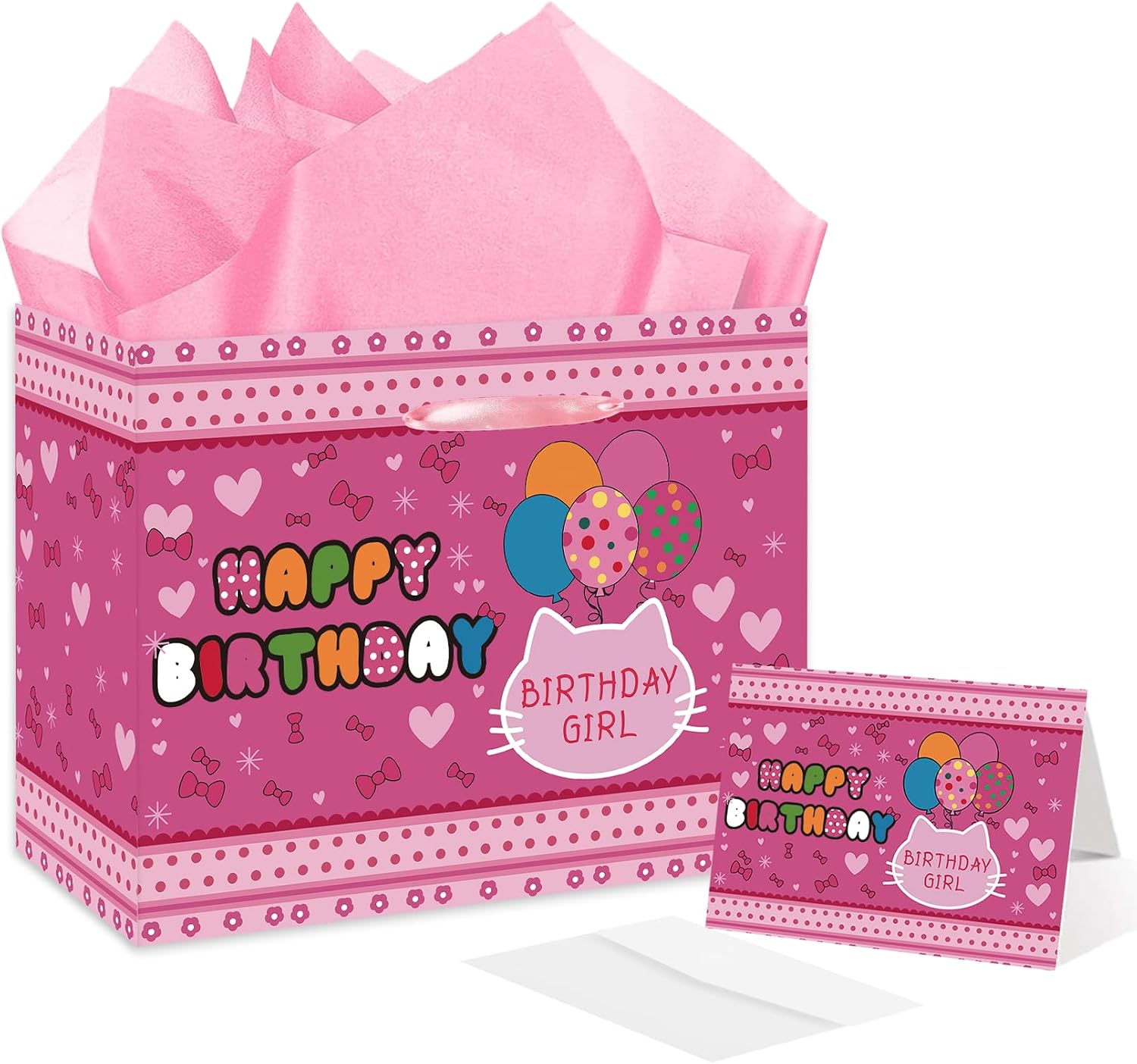 LOYUJI girls Birthday Gift Bag, Large Birthday Gift Bag with Tissue Paper and Card for Girls, Cat Theme Party Favors