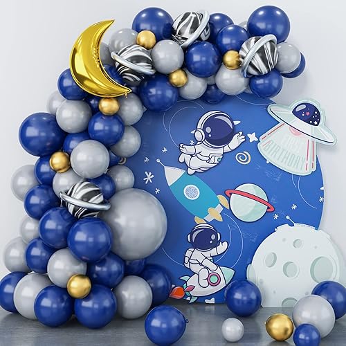 Kit de arco de guirnalda de globos de astronauta del espacio exterior Azul marino perla, negro ónix, gris, dorado Globos de látex con globo de luna