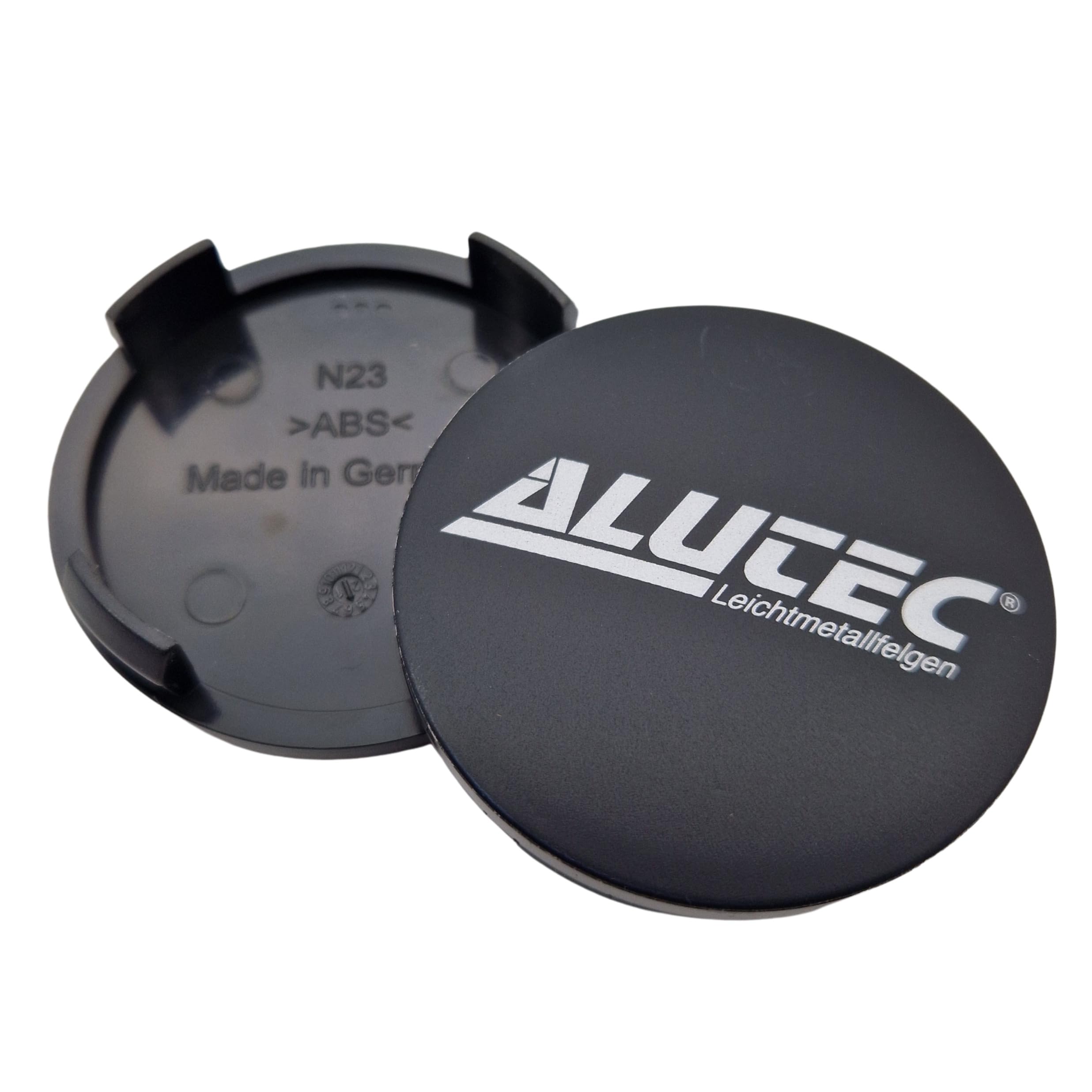 4X Alutec Nabendeckel 60mm Schwarz Matt (N23) Logo Silber (All) - Original Felgendeckel/Nabenkappe/Hubcap