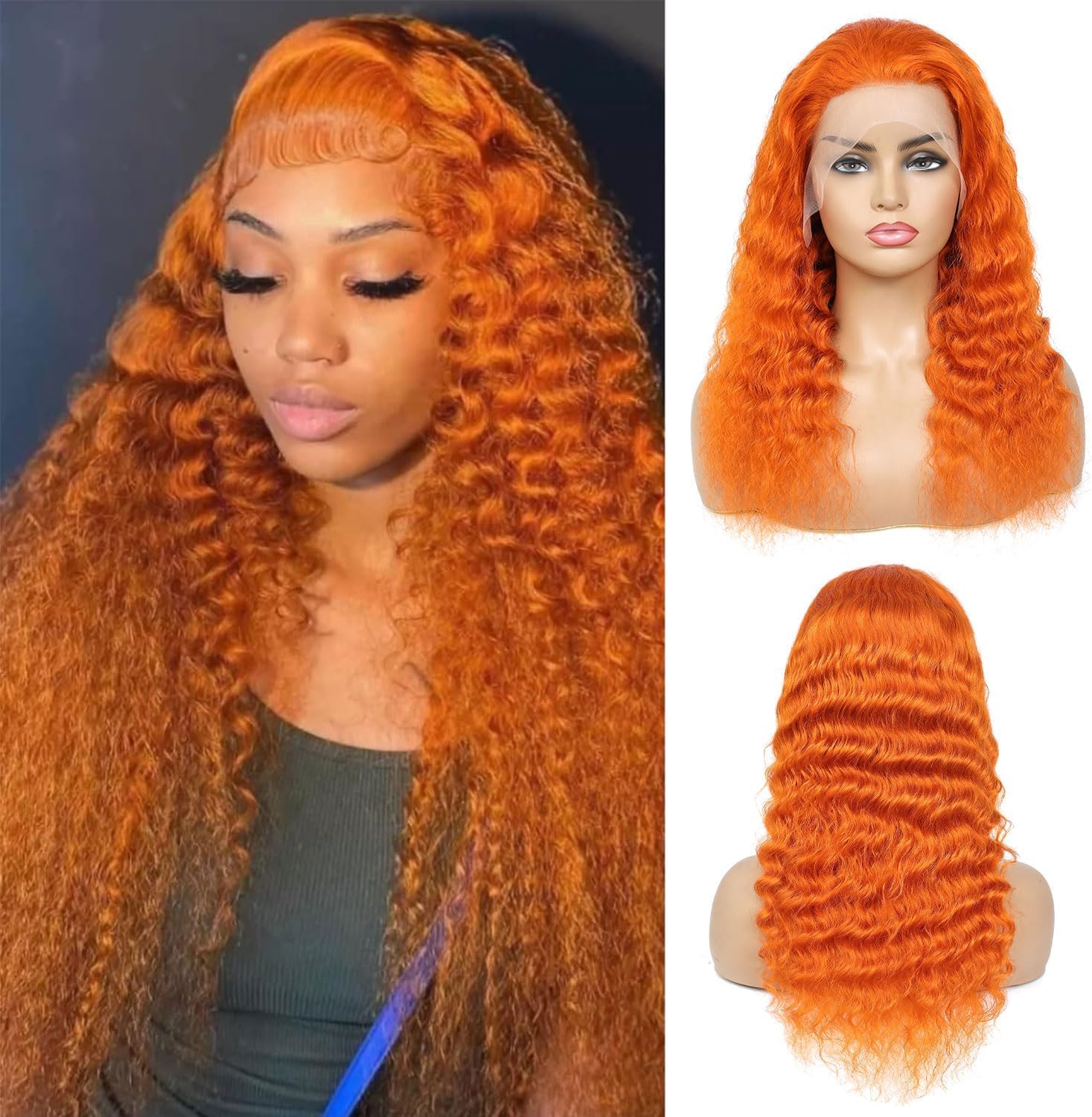 Wepwcod Deep Wave Human Hair Wig For Black Women,13X4 HD Lace Front Wigs Human Hair Pre Plucked Natural Hairline,Brazilian Frontal Glueless Wig (Orange