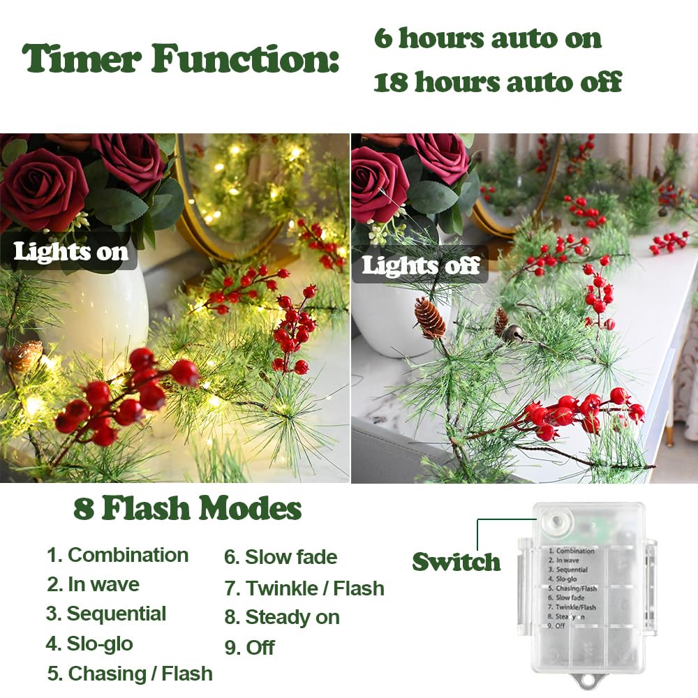 Guirlandes de Noël de 2 m avec 30 LED avec lumières - Guirlande de pin à piles - Guirlande de verdure artificielle - Décorations de Noël (baies rouges télécommandées + pommes de pin)