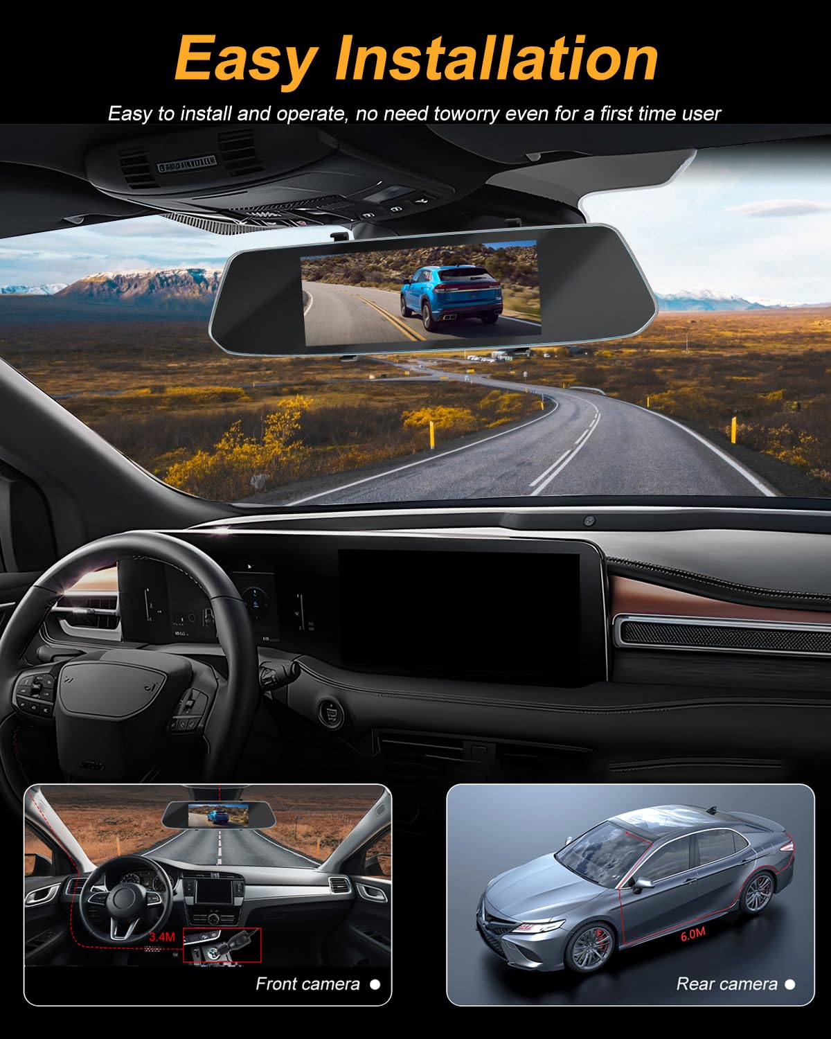 NHOPEEW Dash Cam a specchio da 7 pollici con doppia telecamera anteriore e posteriore - Sensore di gravità/registrazione in loop/rilevamento del movimento/monitor di parcheggio + scheda SD da 64G